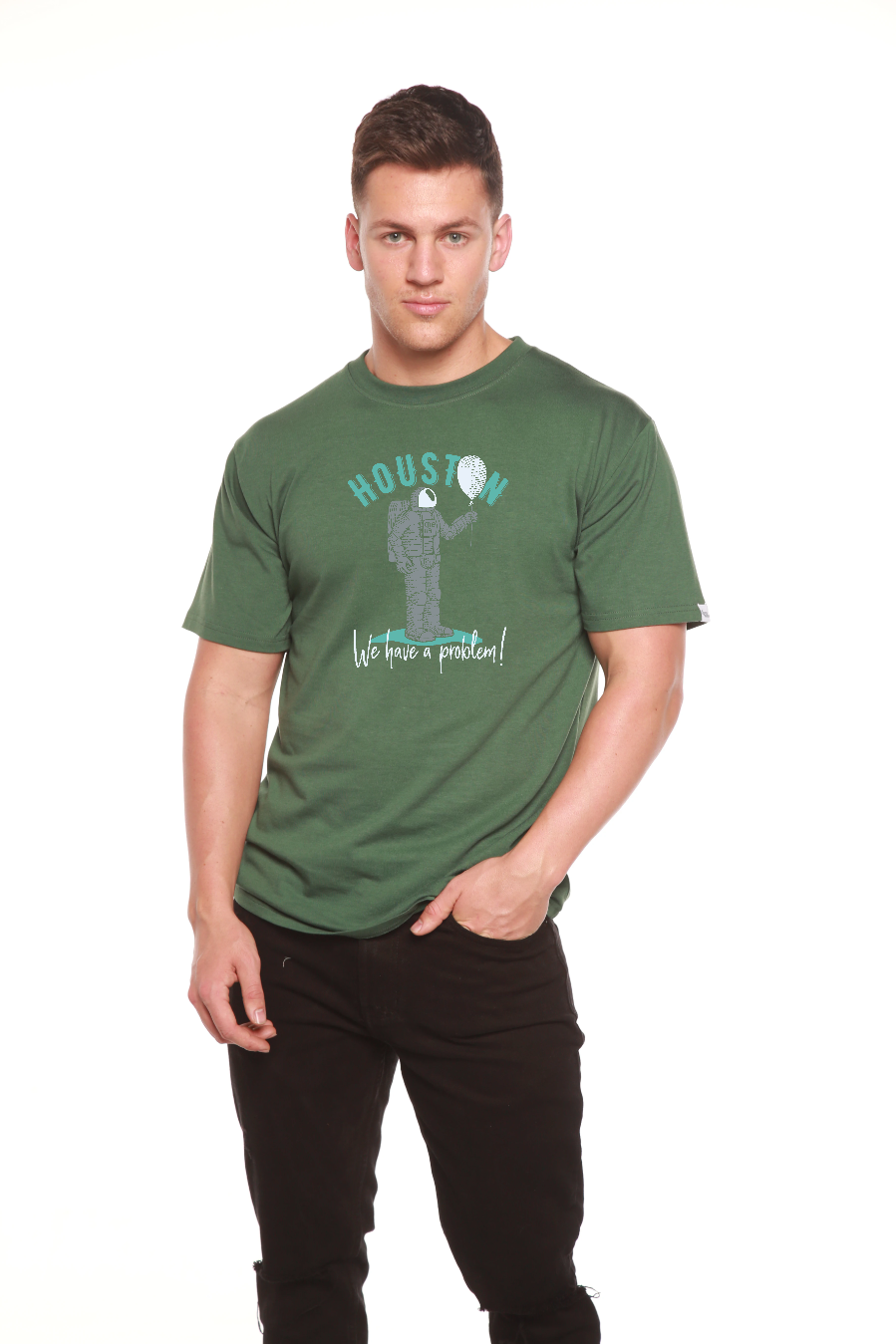 Houston men's bamboo tee with astronaut graphic, olive green short sleeve, Spun Bamboo on Tampa Home & Garden Store