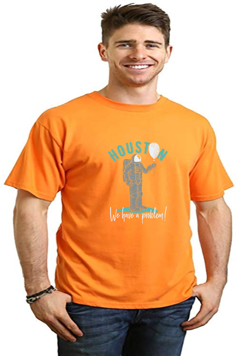 HOUSTON men's bamboo viscose/organic cotton orange short sleeve graphic tee with astronaut on Tampa Home & Garden Store