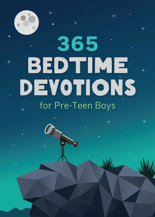 Children's print book 365 Bedtime Devotions for Pre-Teen Boys with telescope on rocky hill on Tampa Home & Garden Store