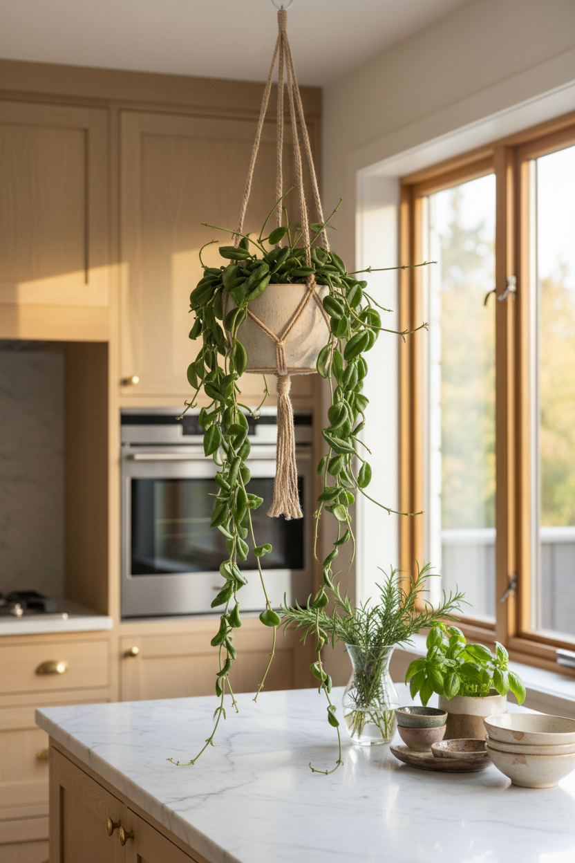 Hoya Rope Plant in a 4-inch nursery pot, trailing vines in a hanging macrame planter on Tampa Home & Garden Store