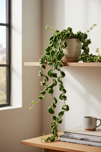 Hoya rope plant 4 inch plant with trailing green leaves in beige ceramic pot on Tampa Home & Garden Store