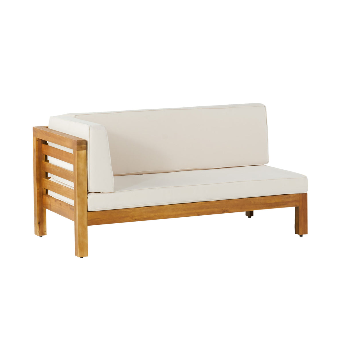 Acacia wood patio bench and coffee table set with cream cushions by HouseOfZazla on Tampa Home & Garden Store