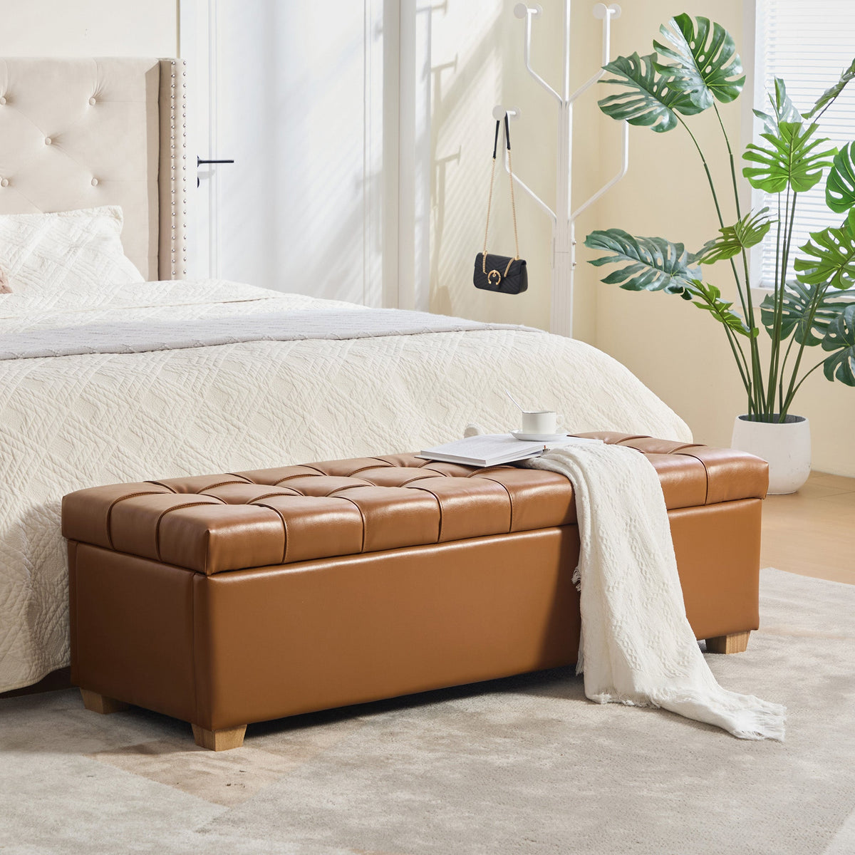 60.2in wide upholstered PU end-of-bed storage bench in brown with tufted lid and legs on Tampa Home & Garden Store