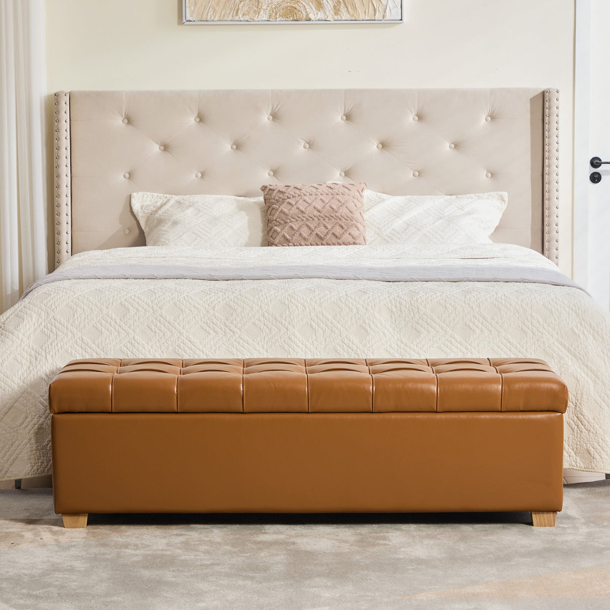 Storage end-of-bed bench 60.2'' wide, upholstered PU with tufted burnt brown leather at bed foot on Tampa Home & Garden Store