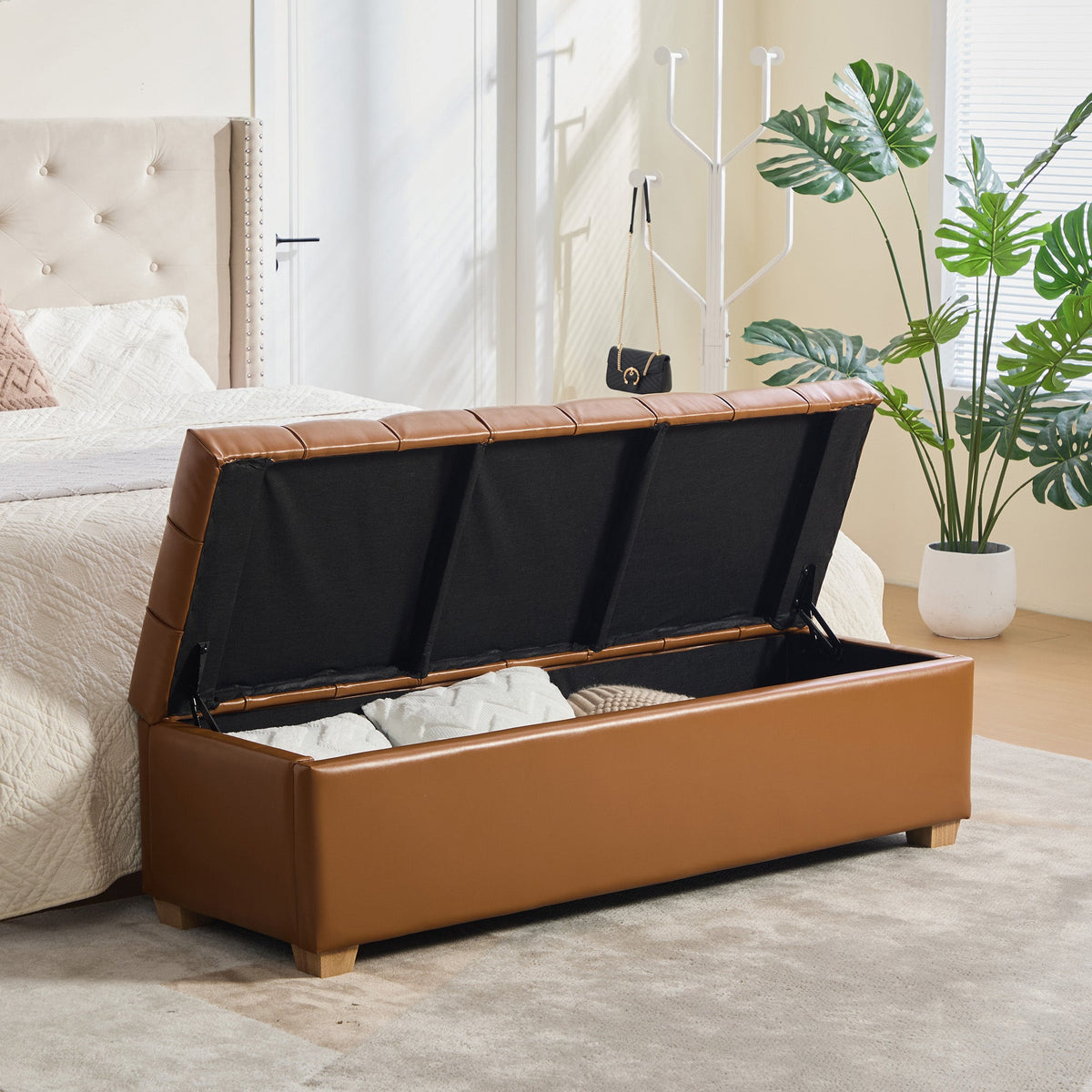 End-of-bed storage bench, 60.2in wide burnt brown PU with flip-top lid on Tampa Home & Garden Store