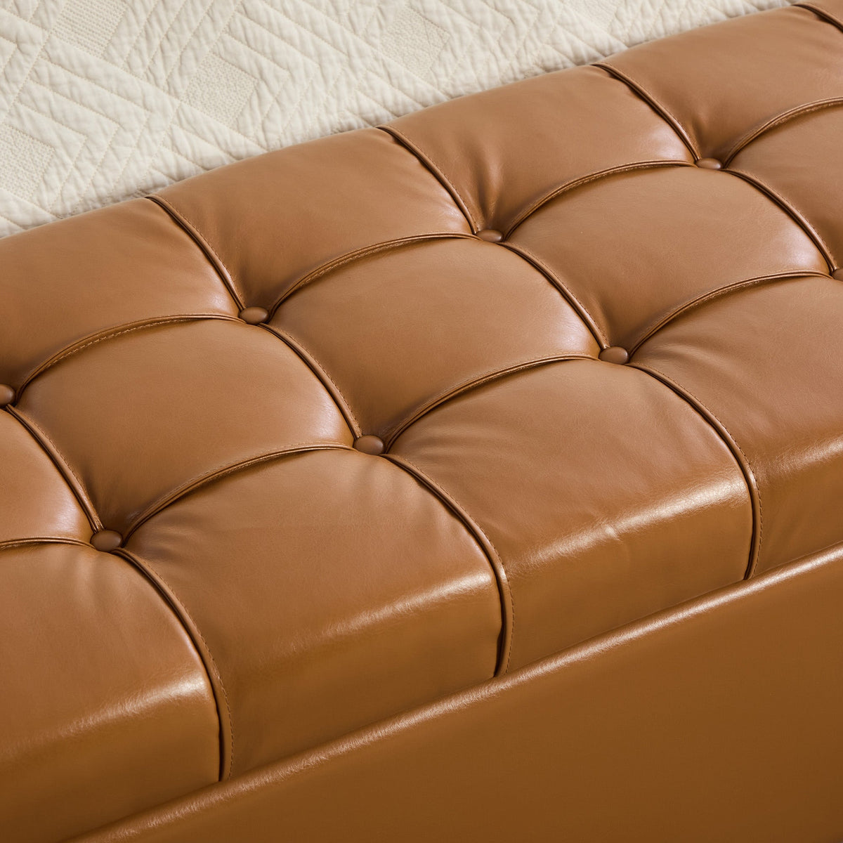 60.2'' Wide upholstered PU storage end of bed bench burnt brown tufted leather with button accents on Tampa Home & Garden Store