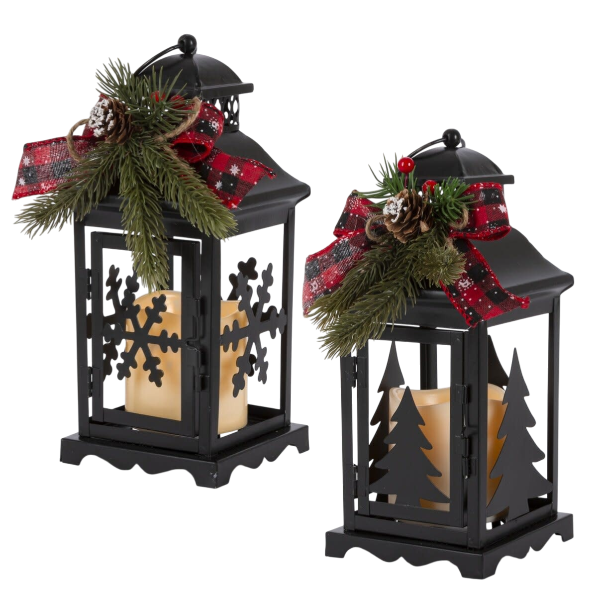 Set of 2 10.5-inch lighted metal lanterns with timer, black finish and plaid bow on Tampa Home & Garden Store