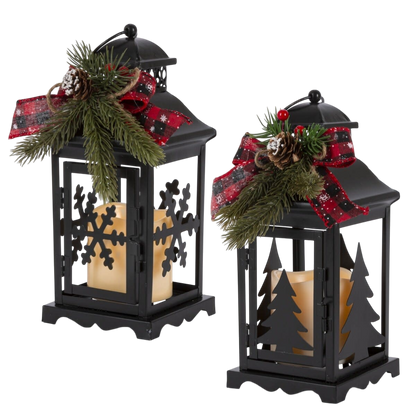 Set of 2 10.5-inch lighted metal lanterns with timer, black finish and plaid bow on Tampa Home & Garden Store