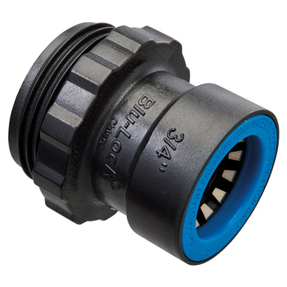 Valve manifold system to 3/4 in Blu-Lock adapter, black body with blue ring on Tampa Home & Garden Store