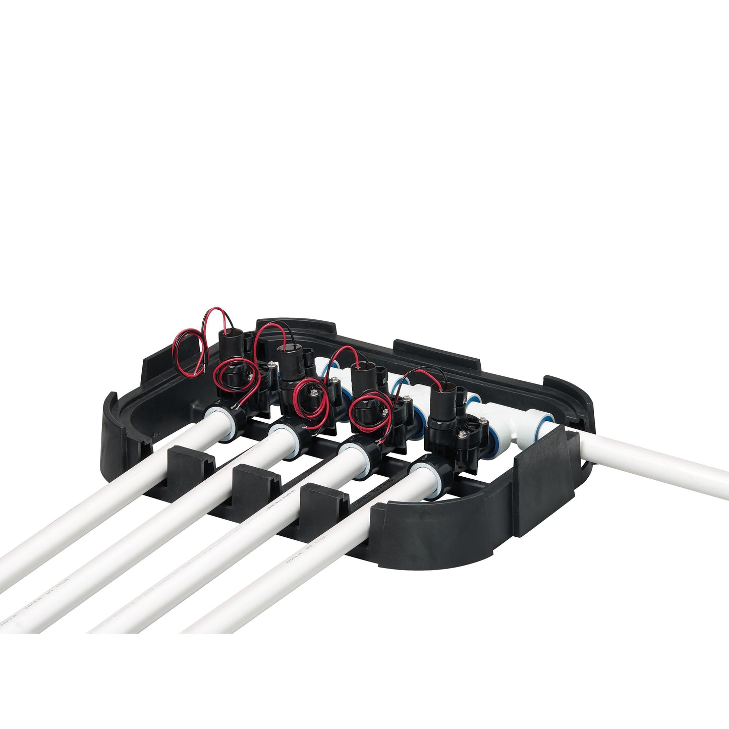 Valve Box Base 53230 Orbit Irrigation underground irrigation manifold with multiple solenoids, red and black wiring, white PVC pipes on Tampa Home & Garden Store