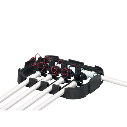 Valve Box Base 53230 Orbit Irrigation underground irrigation manifold with multiple solenoids, red and black wiring, white PVC pipes on Tampa Home & Garden Store