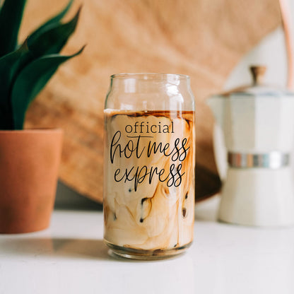 Hot Mess 17oz travel mug with clear glass body and black script official hot mess express on Tampa Home & Garden Store