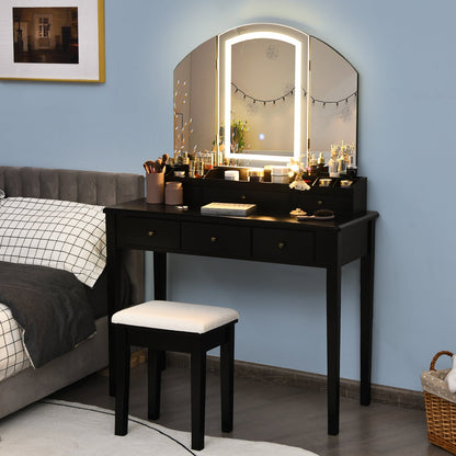 Juego de mesa y taburete para tocador con espejo triple iluminado grande - Negro