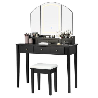 Juego de mesa y taburete para tocador con espejo triple iluminado grande - Negro