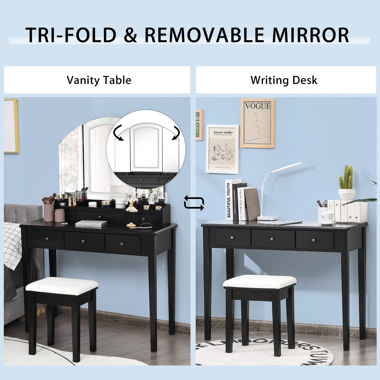 Juego de mesa y taburete para tocador con espejo triple iluminado grande - Negro