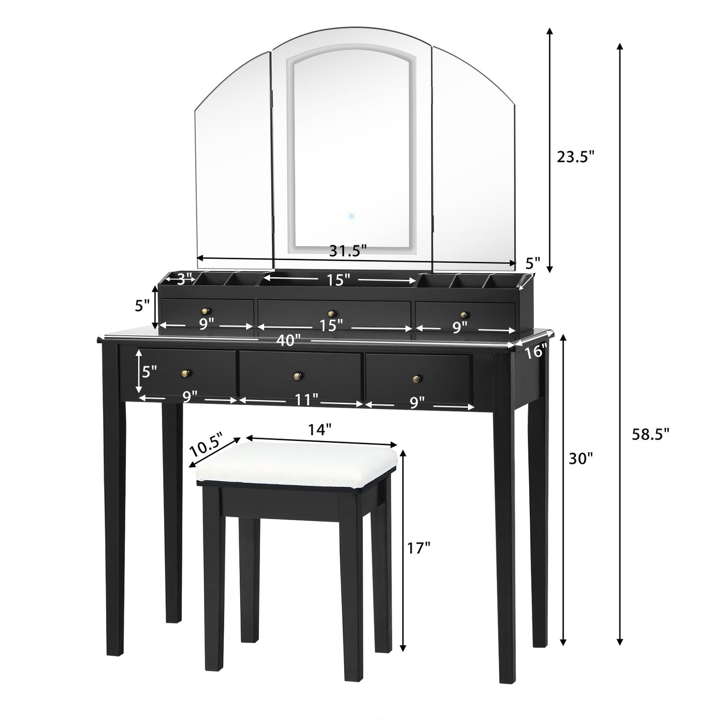 Juego de mesa y taburete para tocador con espejo triple iluminado grande - Negro