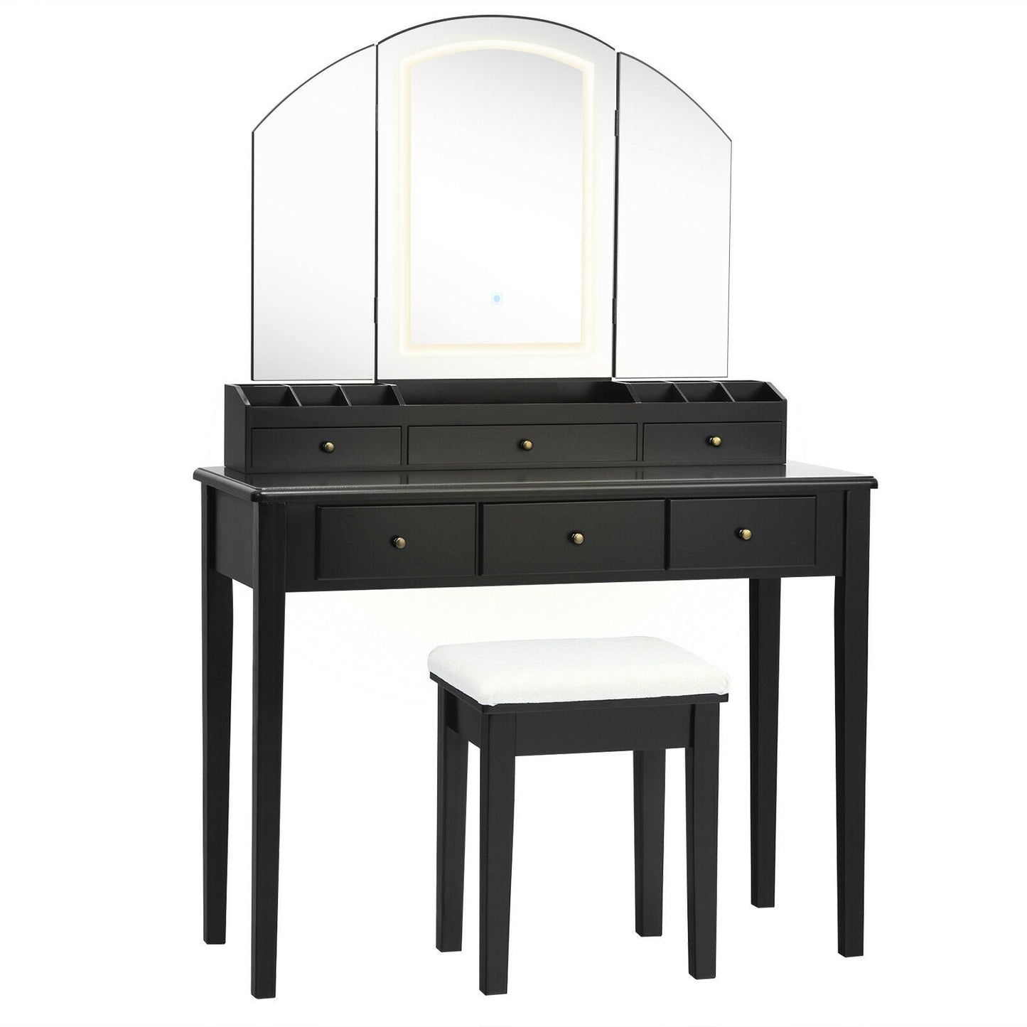 Juego de mesa y taburete para tocador con espejo triple iluminado grande - Negro