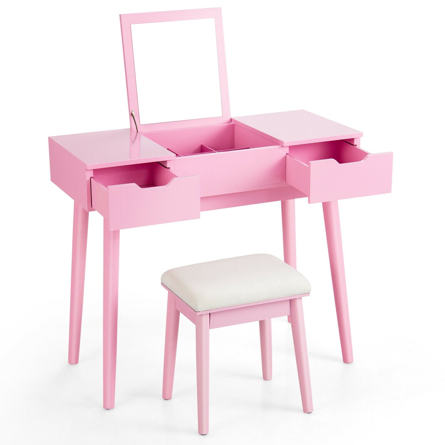 Juego de Tocador de Maquillaje con Espejo Abatible y 2 Cajones - Rosa