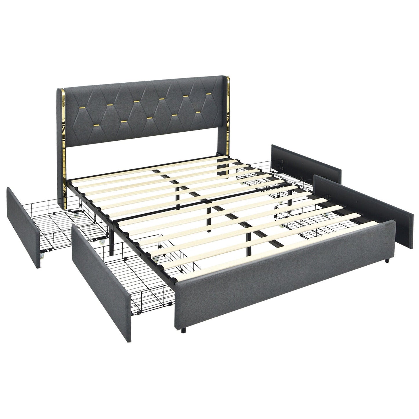 Base de cama tapizada con 4 cajones de almacenamiento, tamaño matrimonial/queen-Matrimonial