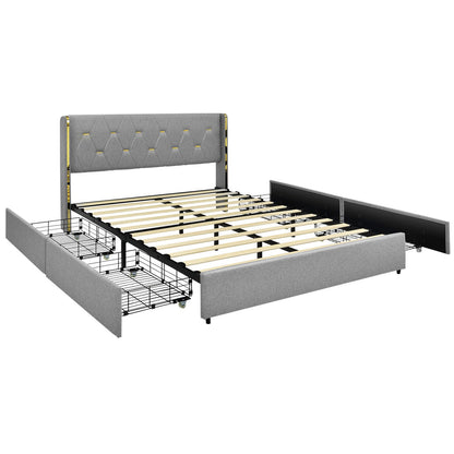 Base de cama tapizada Full/Queen con 4 cajones - Plateado - Tamaño Full