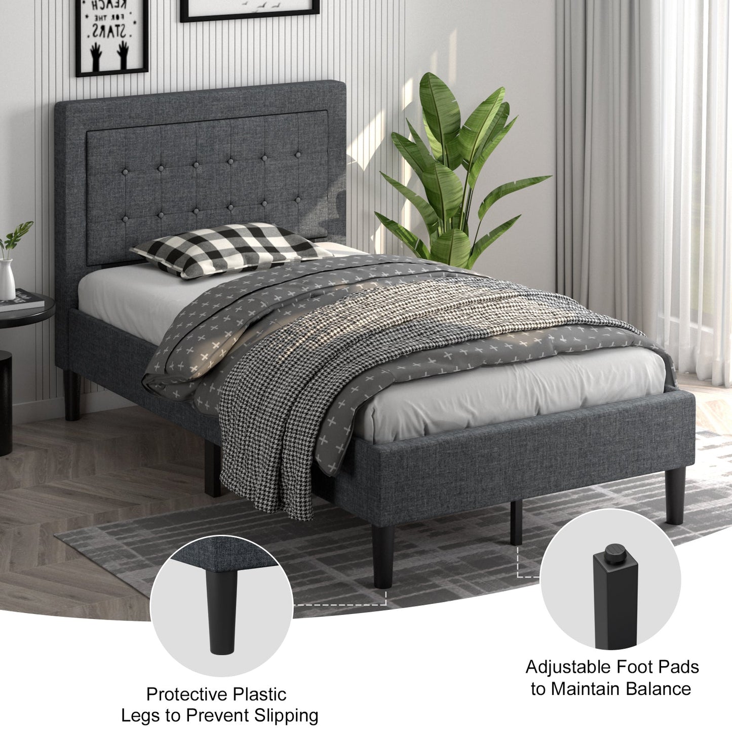 Base de cama tapizada individual con cabecero capitoné