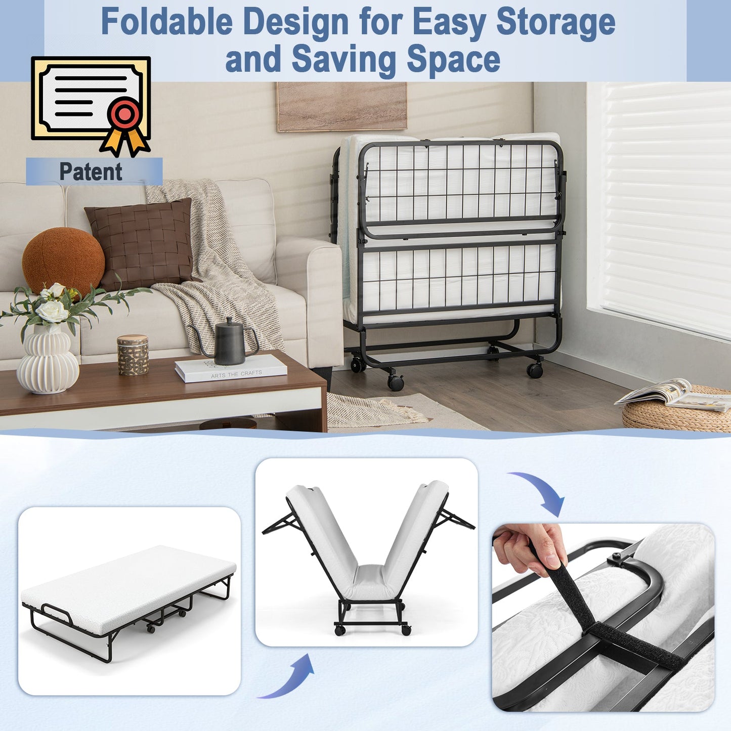 Cama Plegable de Metal Tamaño Twin con Colchón de Espuma Viscoelástica