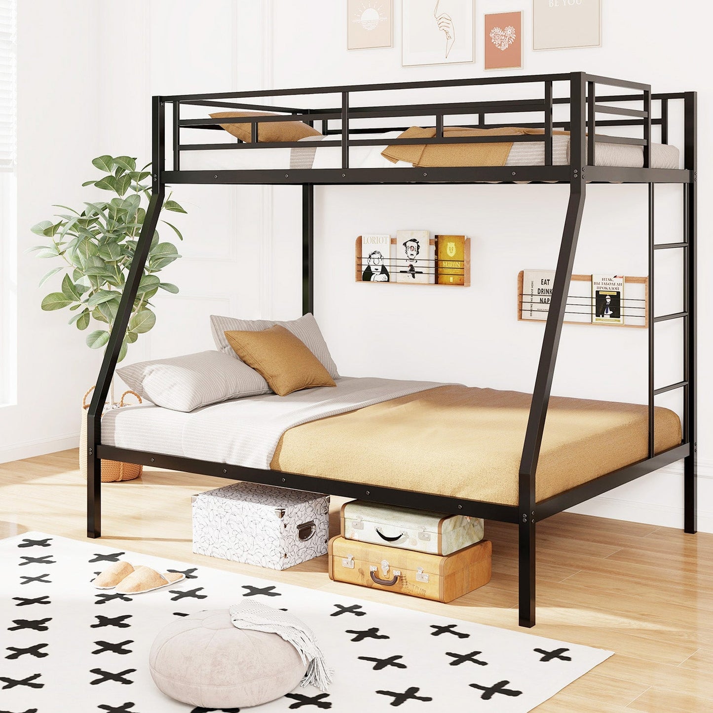 Estructura de cama metálica con somier de láminas que ahorra espacio para adolescentes y adultos, sin ruido, no necesita somier, color negro