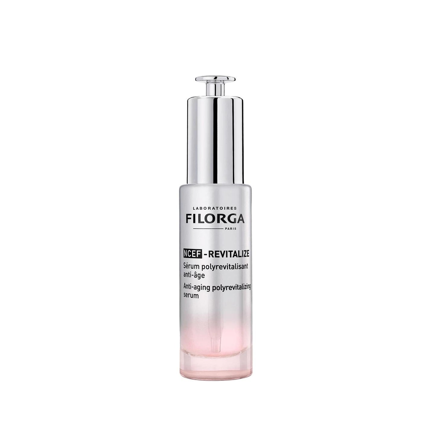 Face serum Filorga NCEF-Revitalize bottle with silver pump and pink gradient liquid on Tampa Home & Garden Store