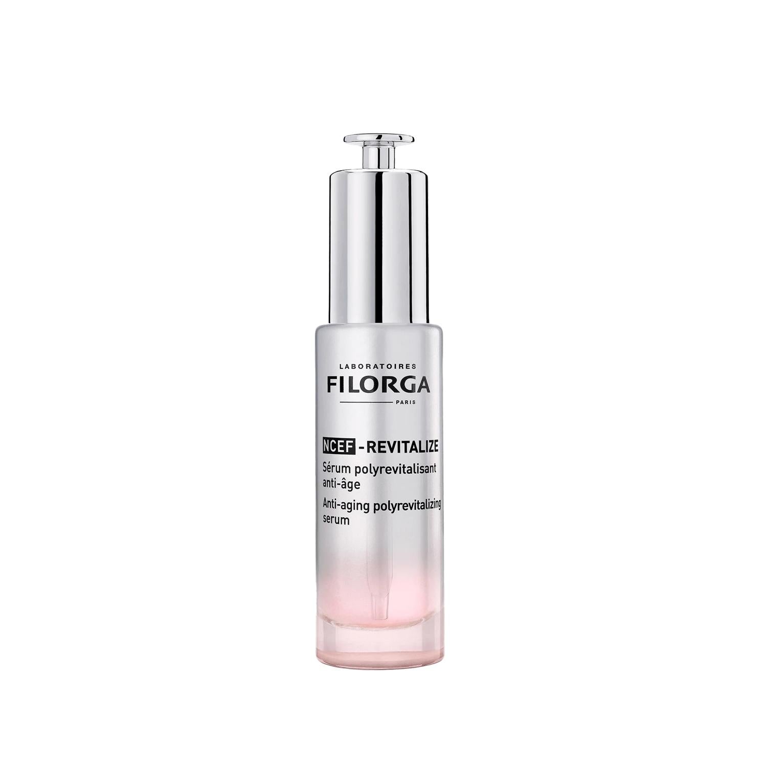 Face serum Filorga NCEF-Revitalize bottle with silver pump and pink gradient liquid on Tampa Home & Garden Store