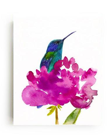 Impresión artística de colibrí en peonía - Decoración de pared floral y de aves vibrante, calidad de archivo, listo para colgar