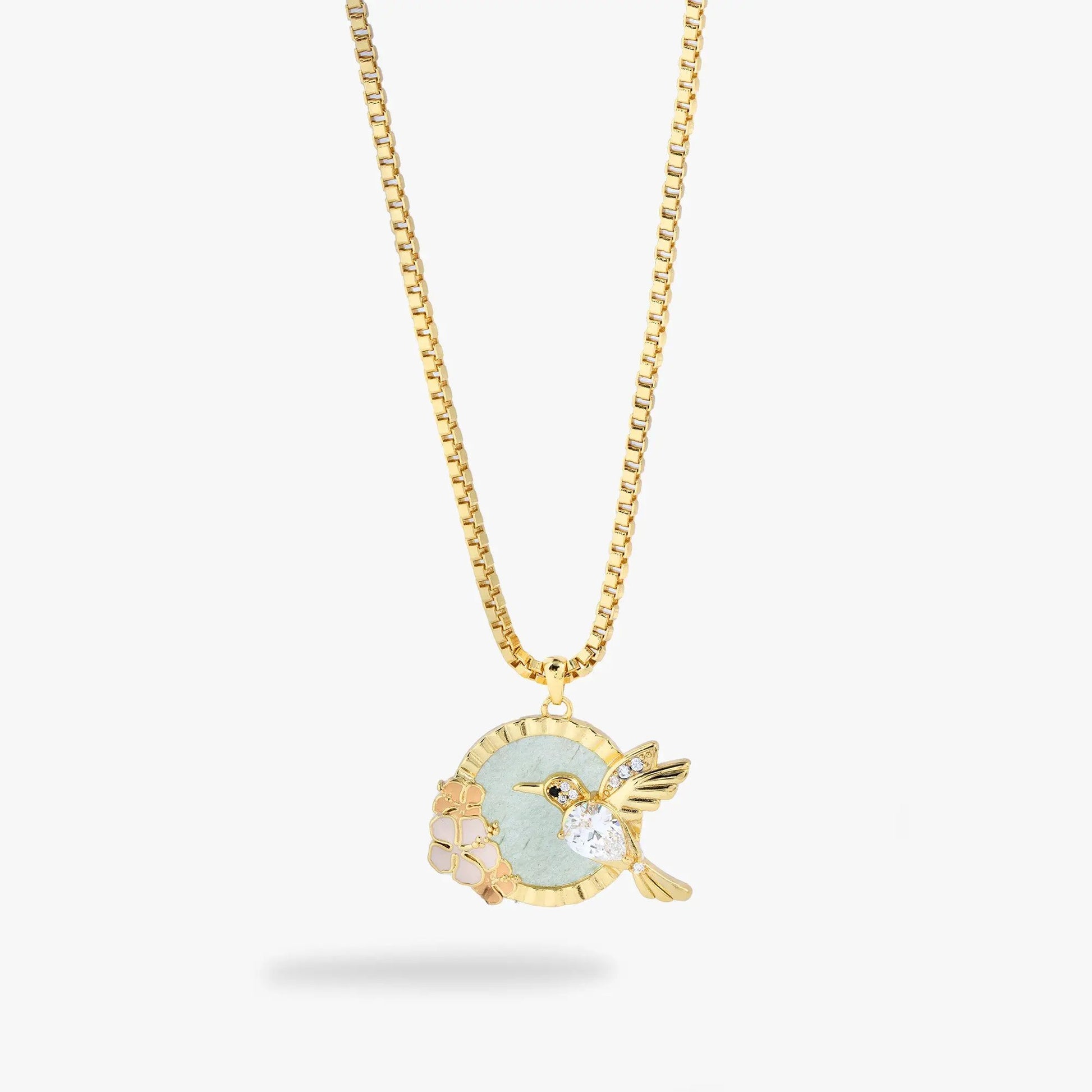 Hummingbird gemstone pendant necklace with gold-tone chain and mint stone accents on Tampa Home & Garden Store