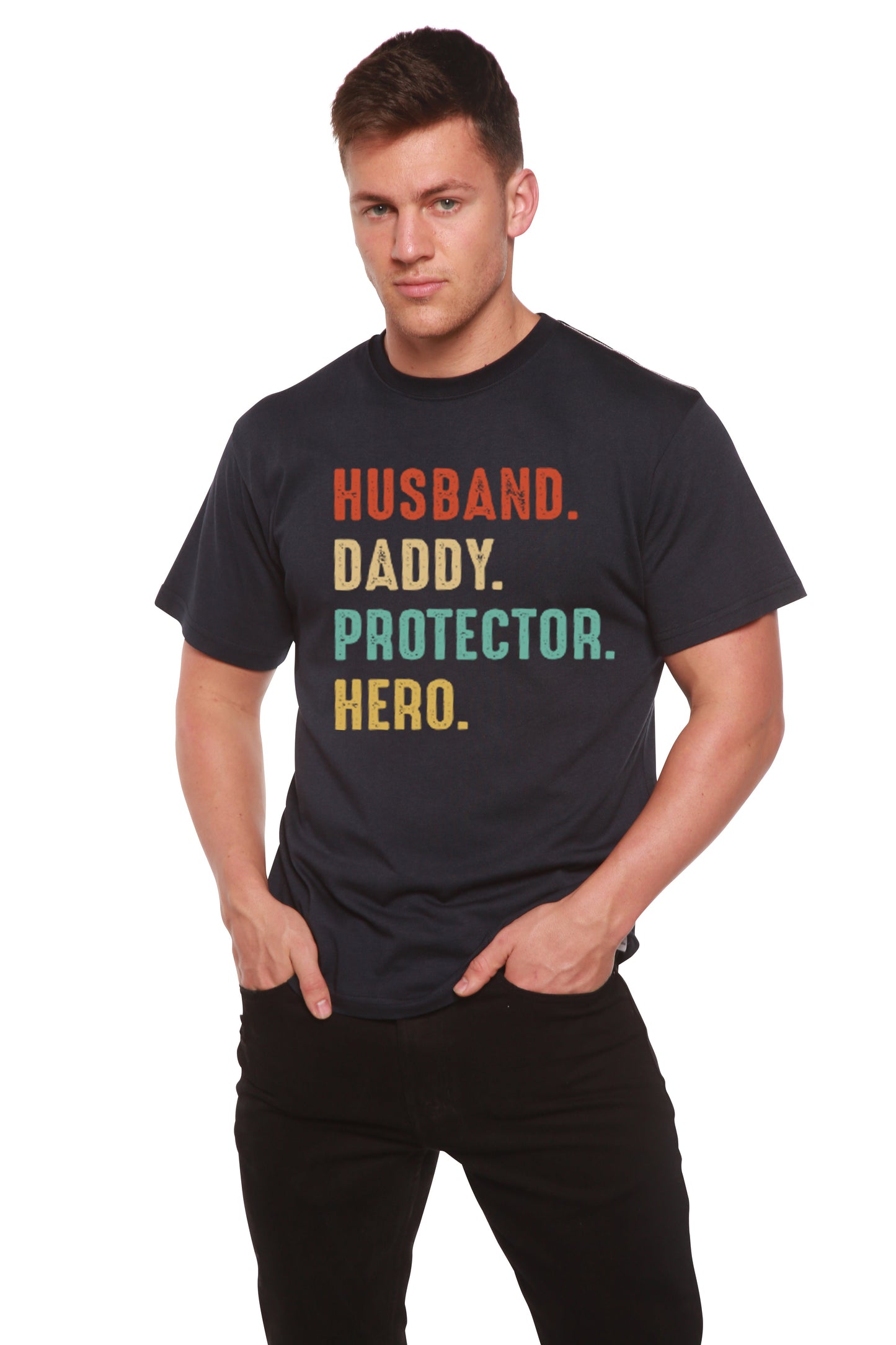 Mens short sleeve tee Spun Bamboo viscose navy with colorful HUSBAND. DADDY. PROTECTOR. HERO. on Tampa Home & Garden Store