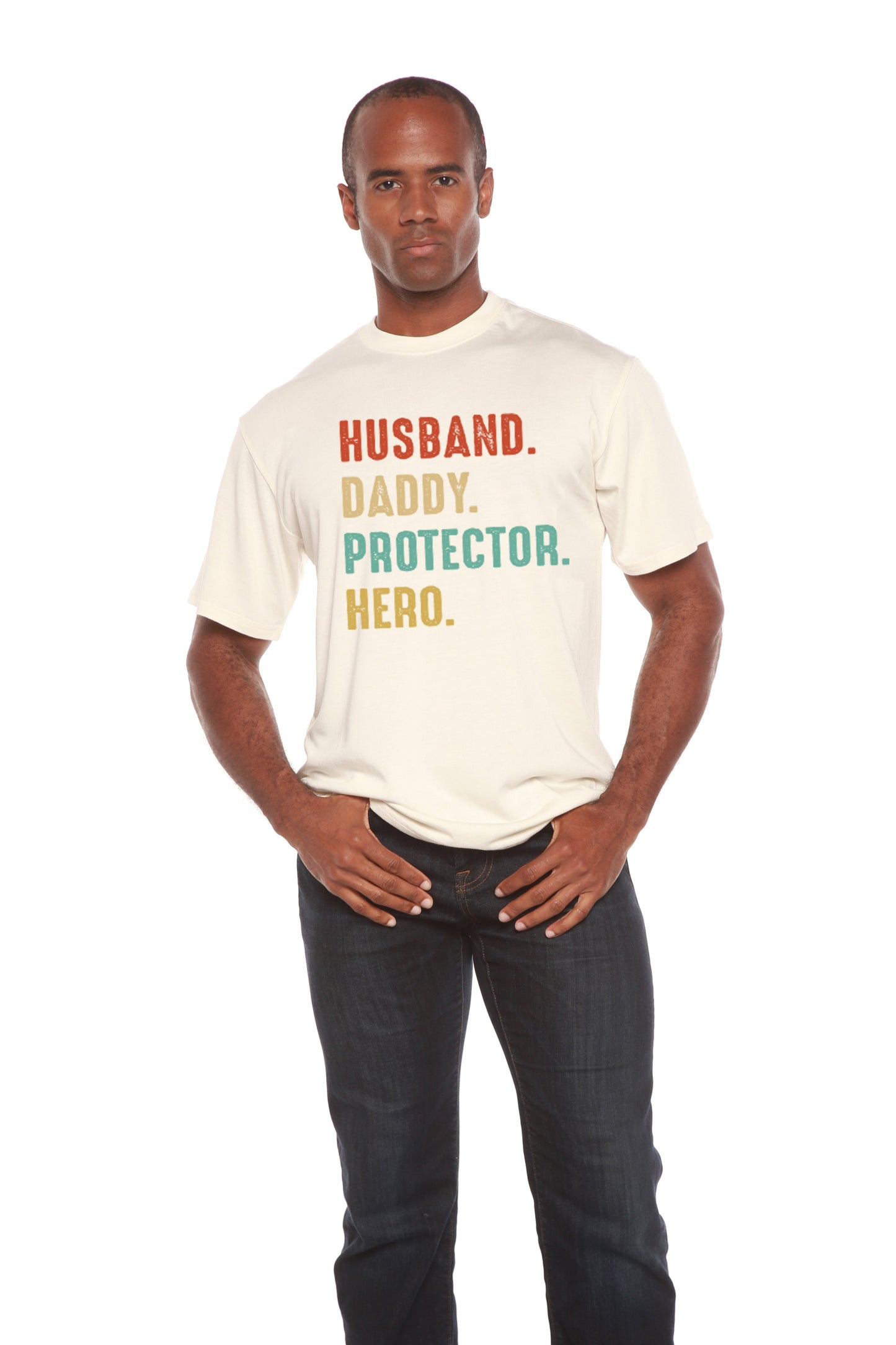 Husband Daddy Protector Hero men's bamboo graphic T-shirt with multicolor print Spun Bamboo on Tampa Home & Garden Store