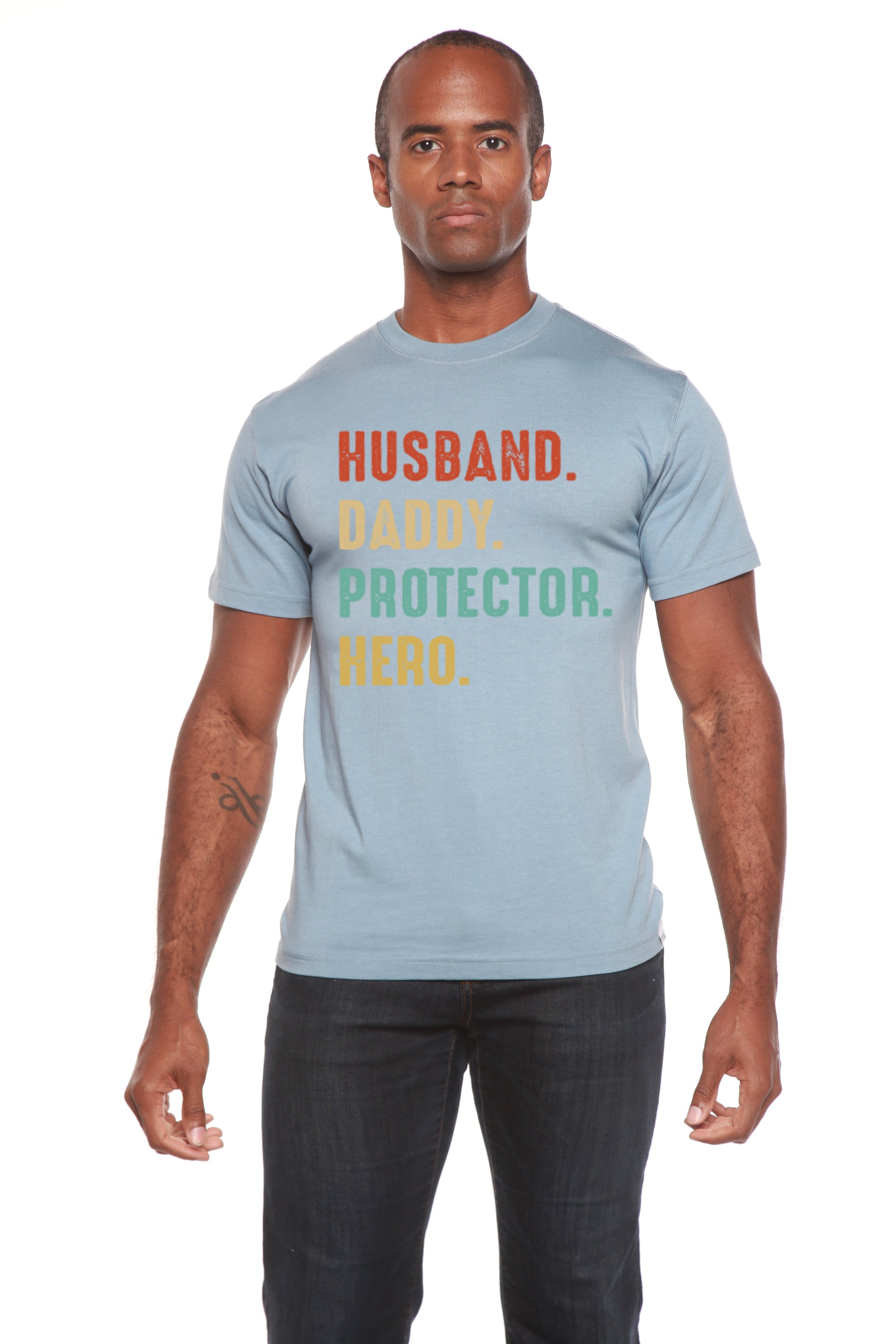 Mens light blue Spun Bamboo graphic T-shirt with multicolor text Husband. Daddy. Protector. Hero on Tampa Home & Garden Store