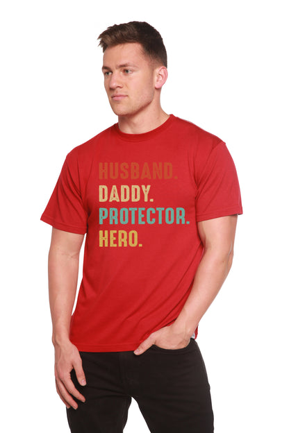 Men's red Spun Bamboo short sleeve graphic tee with HUSBAND. DADDY. PROTECTOR. HERO slogan on Tampa Home & Garden Store