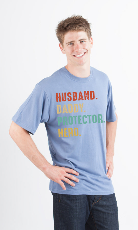 Men's light-blue bamboo T-shirt with multicolor Husband. Daddy. Protector. Hero. by Spun Bamboo on Tampa Home & Garden Store