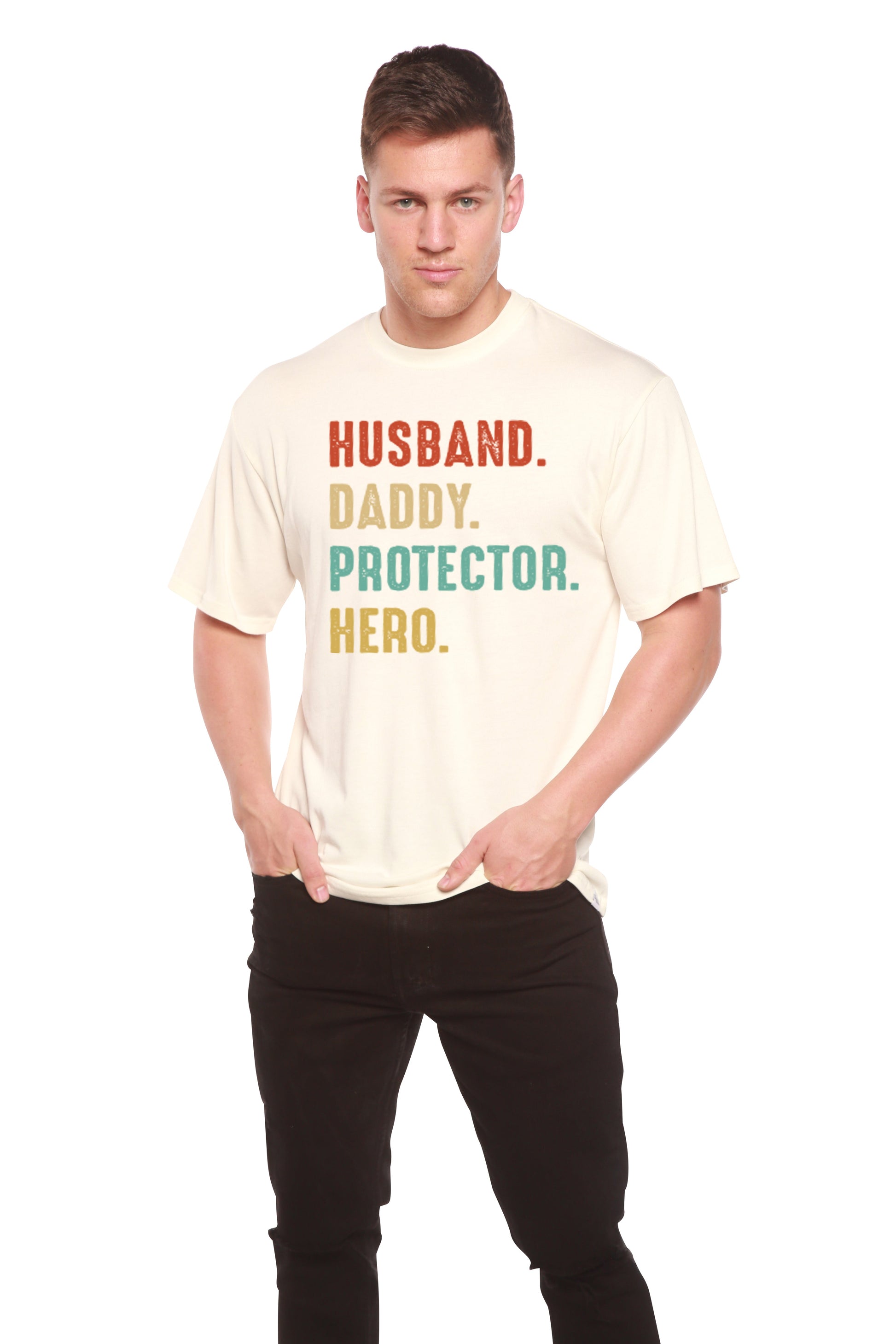 Men's bamboo tee natural beige with HUSBAND DADDY PROTECTOR HERO print by Spun Bamboo on Tampa Home & Garden Store