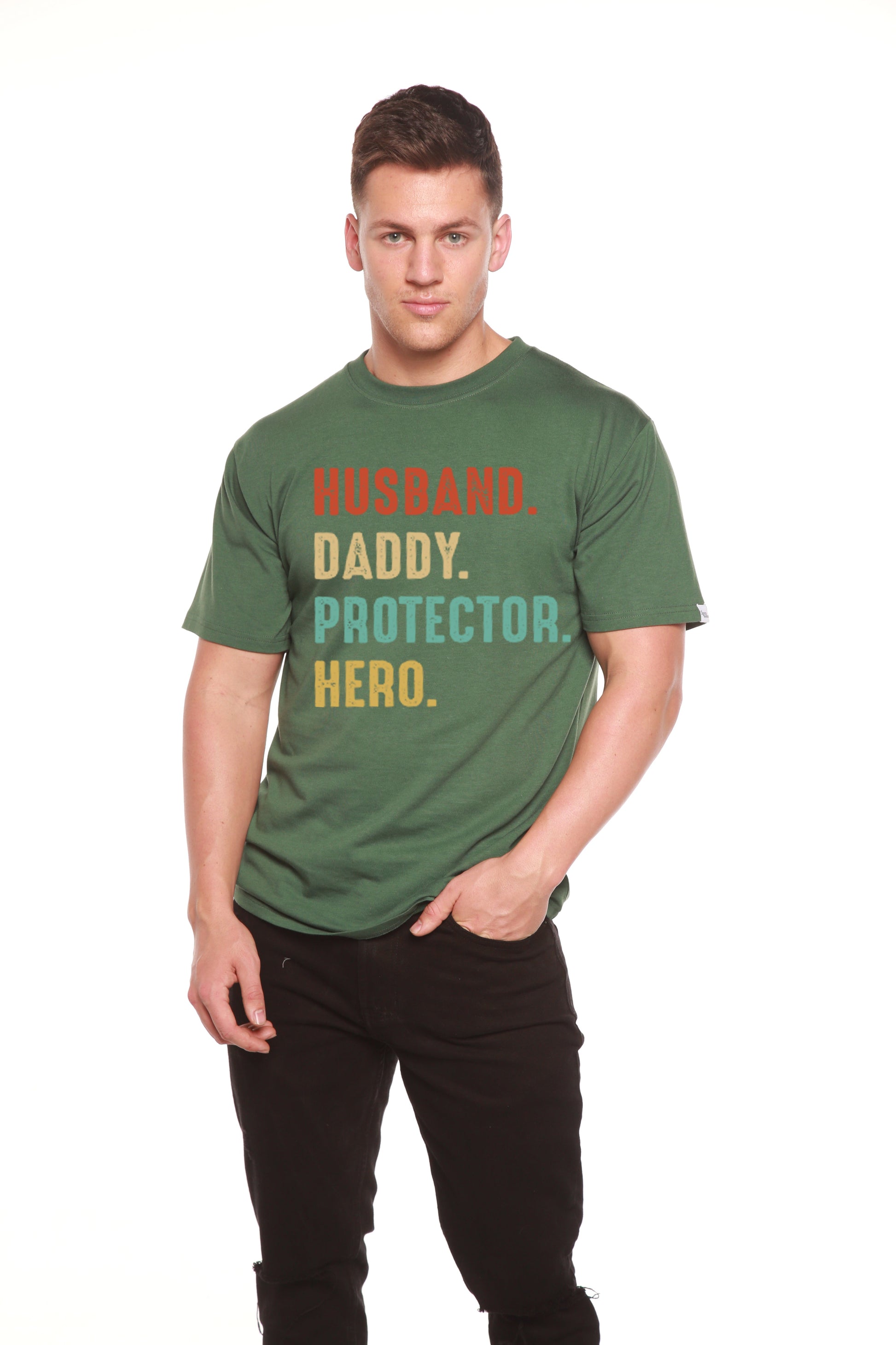 Mens green bamboo viscose organic cotton short sleeve graphic tee with bold multicolor HUSBAND DADDY PROTECTOR HERO by Spun Bamboo on Tampa Home & Garden Store