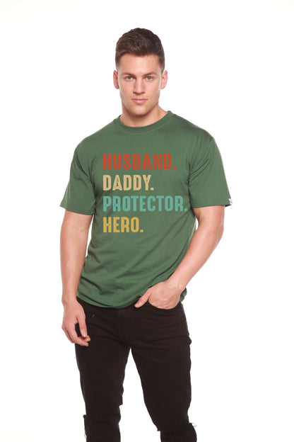 Mens green bamboo viscose organic cotton short sleeve graphic tee with bold multicolor HUSBAND DADDY PROTECTOR HERO by Spun Bamboo on Tampa Home & Garden Store