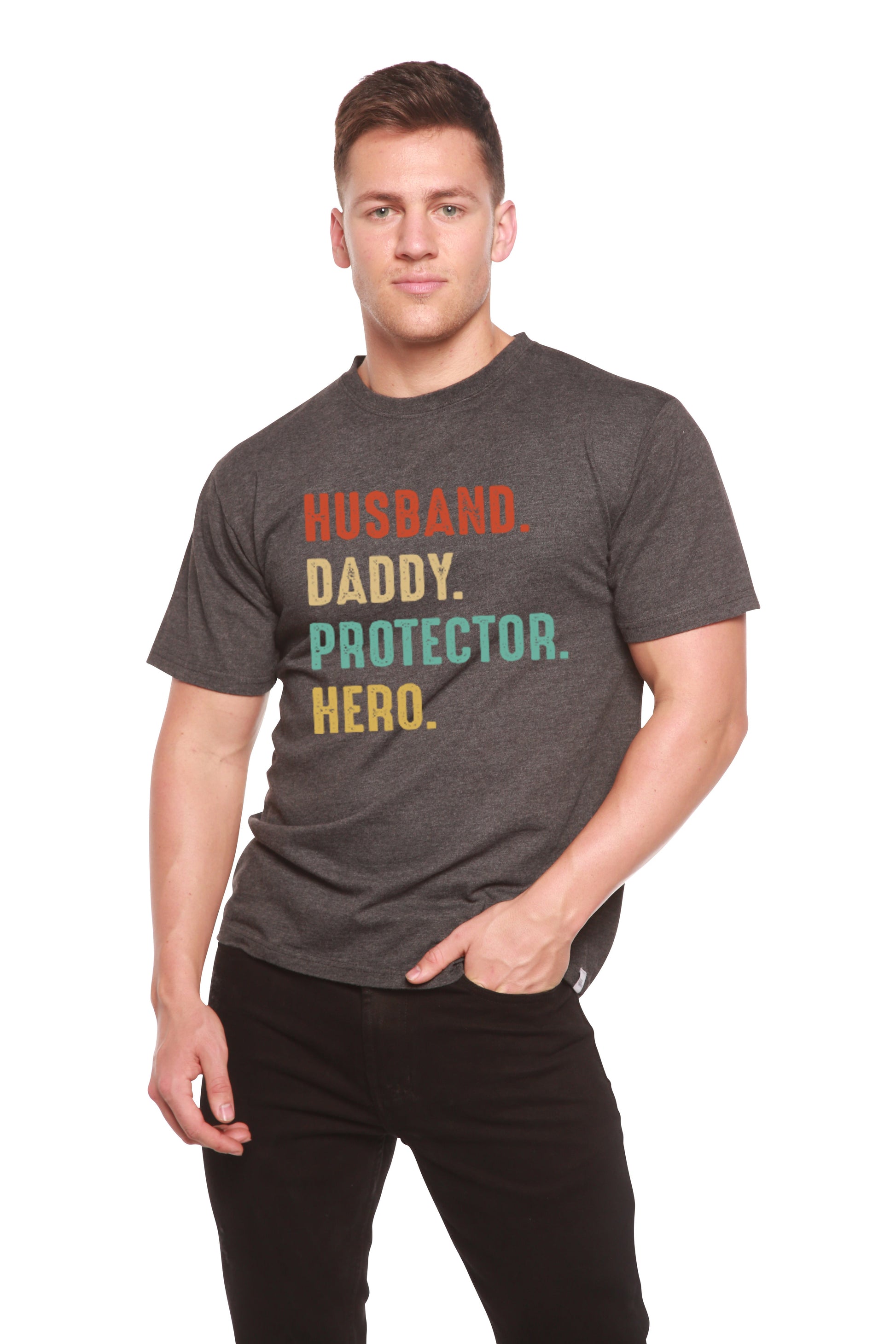 Husband Daddy Protector Hero graphic tee charcoal bamboo viscose/organic cotton, Spun Bamboo on Tampa Home & Garden Store
