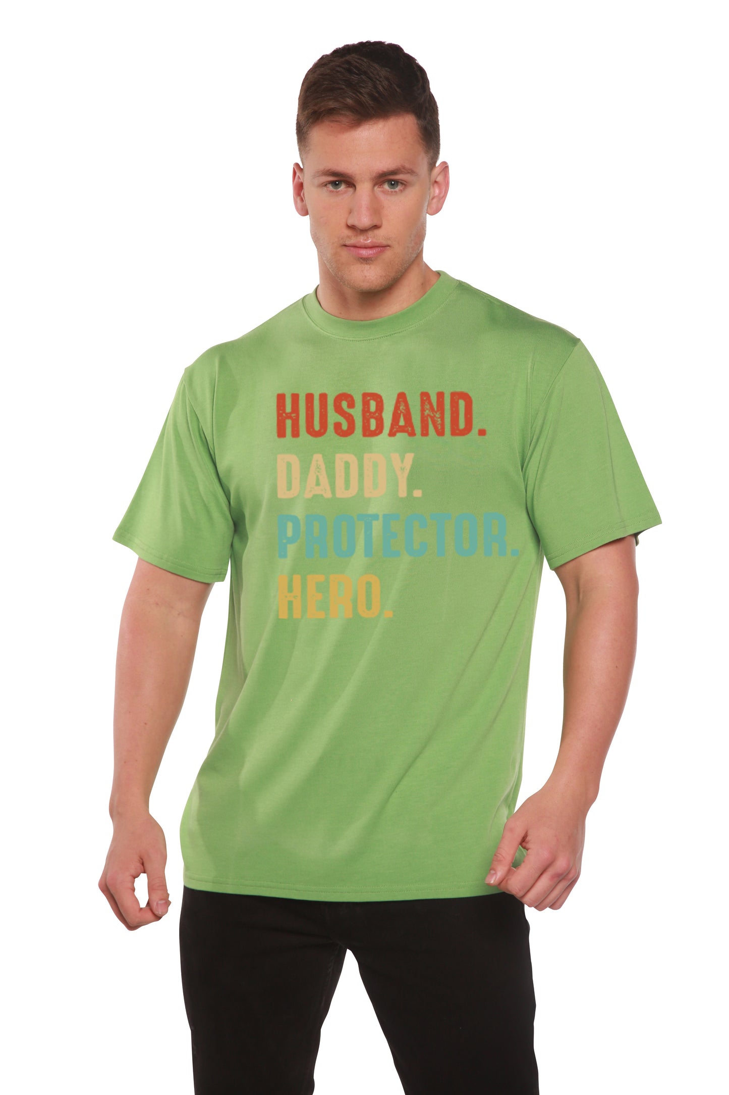 Green bamboo viscose/organic cotton graphic tee with HUSBAND. DADDY. PROTECTOR. HERO on Tampa Home & Garden Store