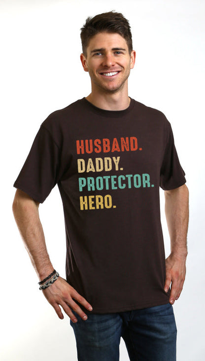 Men's Spun Bamboo tee brown short sleeve with Husband, Daddy, Protector, Hero text on Tampa Home & Garden Store