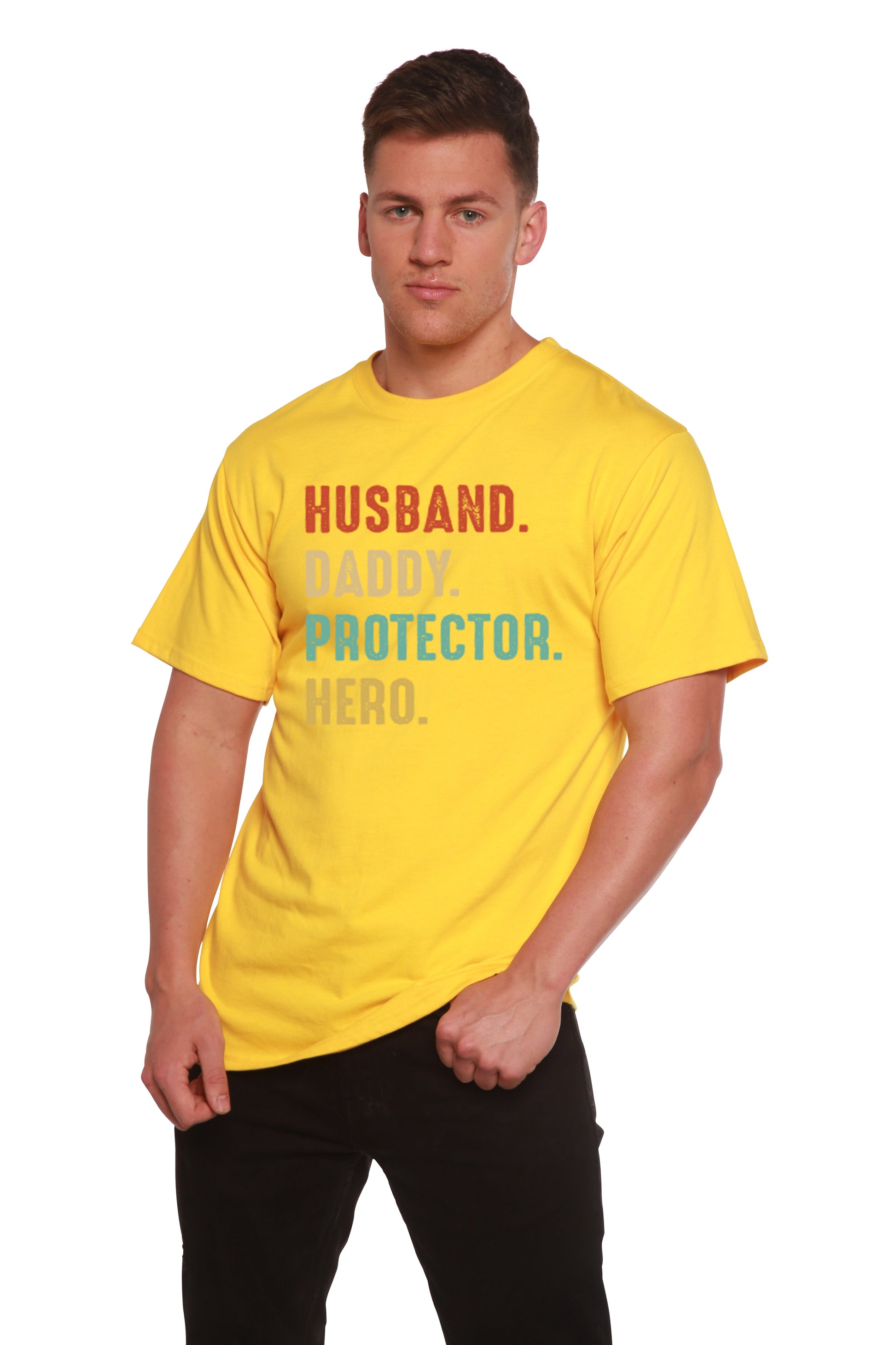 Men's yellow bamboo viscose/organic cotton graphic tee with HUSBAND DADDY PROTECTOR HERO on Tampa Home & Garden Store