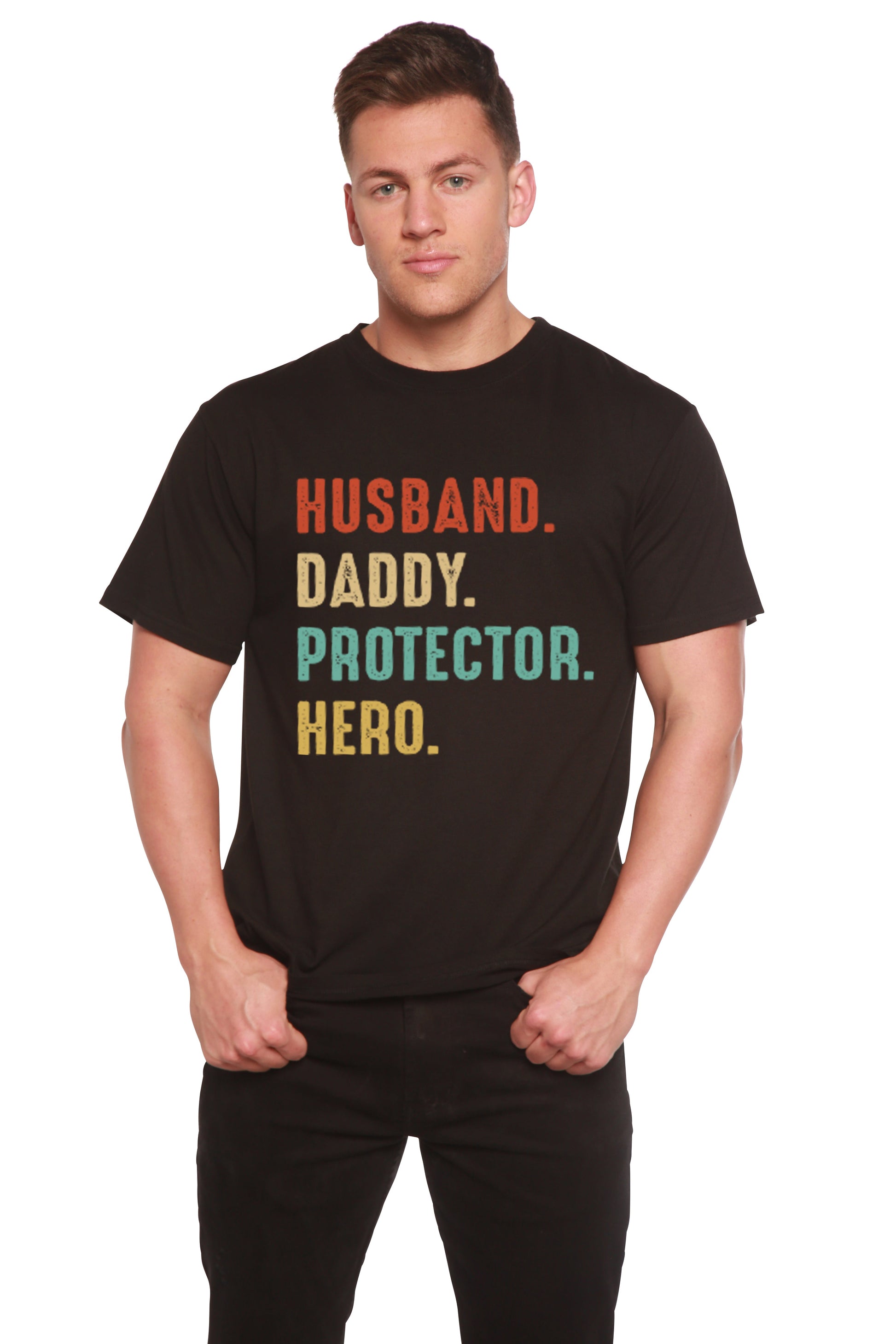 Men's graphic tee, black bamboo viscose/cotton with text Husband. Daddy. Protector. Hero. on Tampa Home & Garden Store