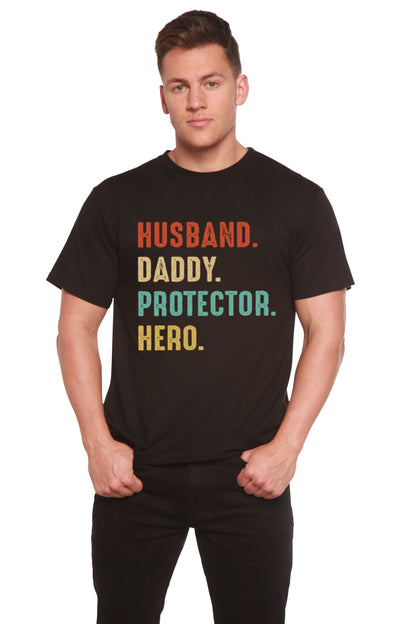 Men's graphic tee, black bamboo viscose/cotton with text Husband. Daddy. Protector. Hero. on Tampa Home & Garden Store
