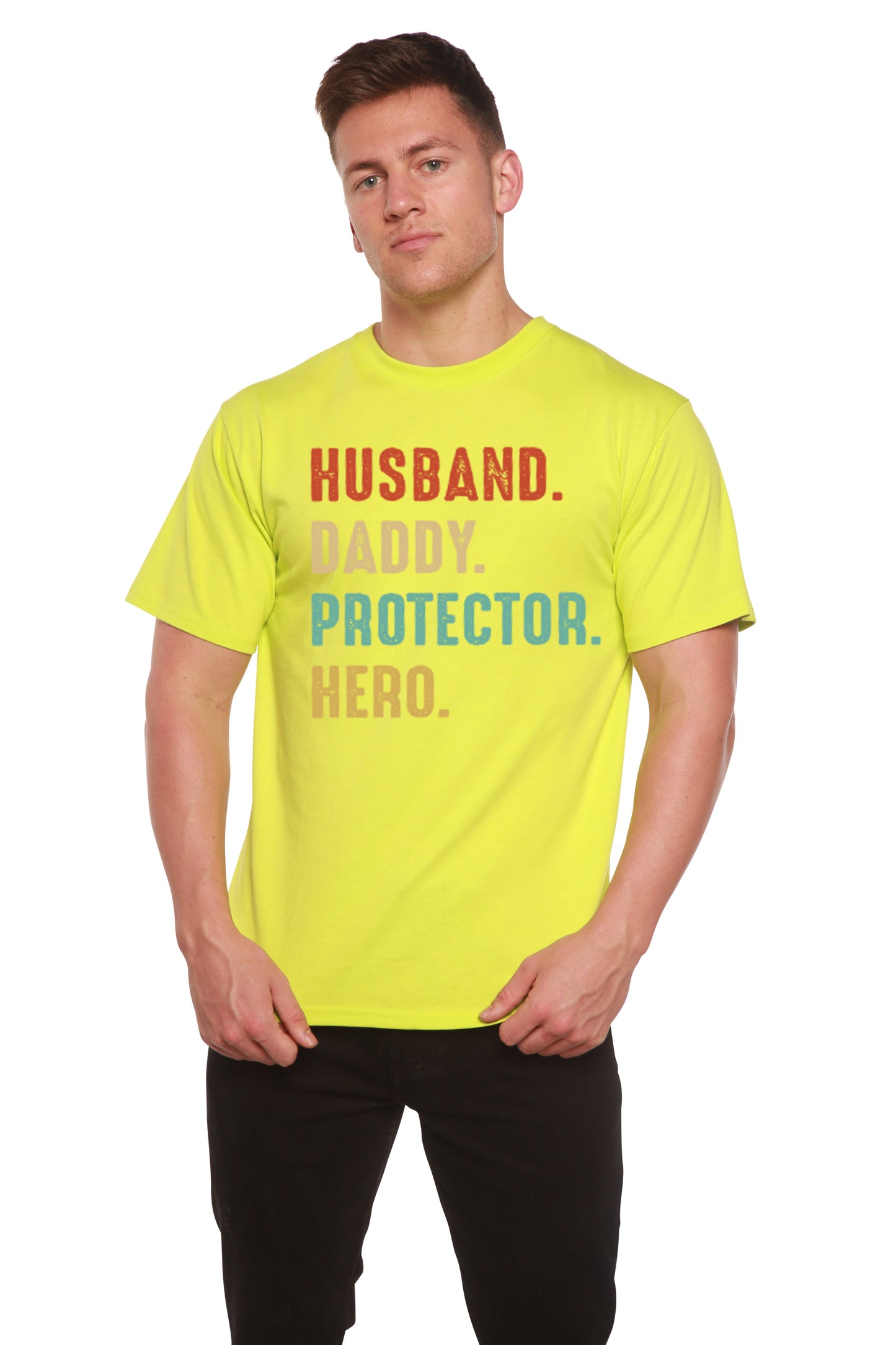 Men's neon yellow graphic T-shirt by Spun Bamboo bamboo viscose/organic cotton with Husband Hero on Tampa Home & Garden Store