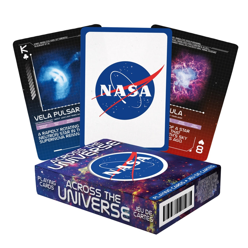 NASA Across the Universe playing cards by The Country Christmas Loft; space-themed deck with NASA logo backs and three spread cards on display on Tampa Home & Garden Store