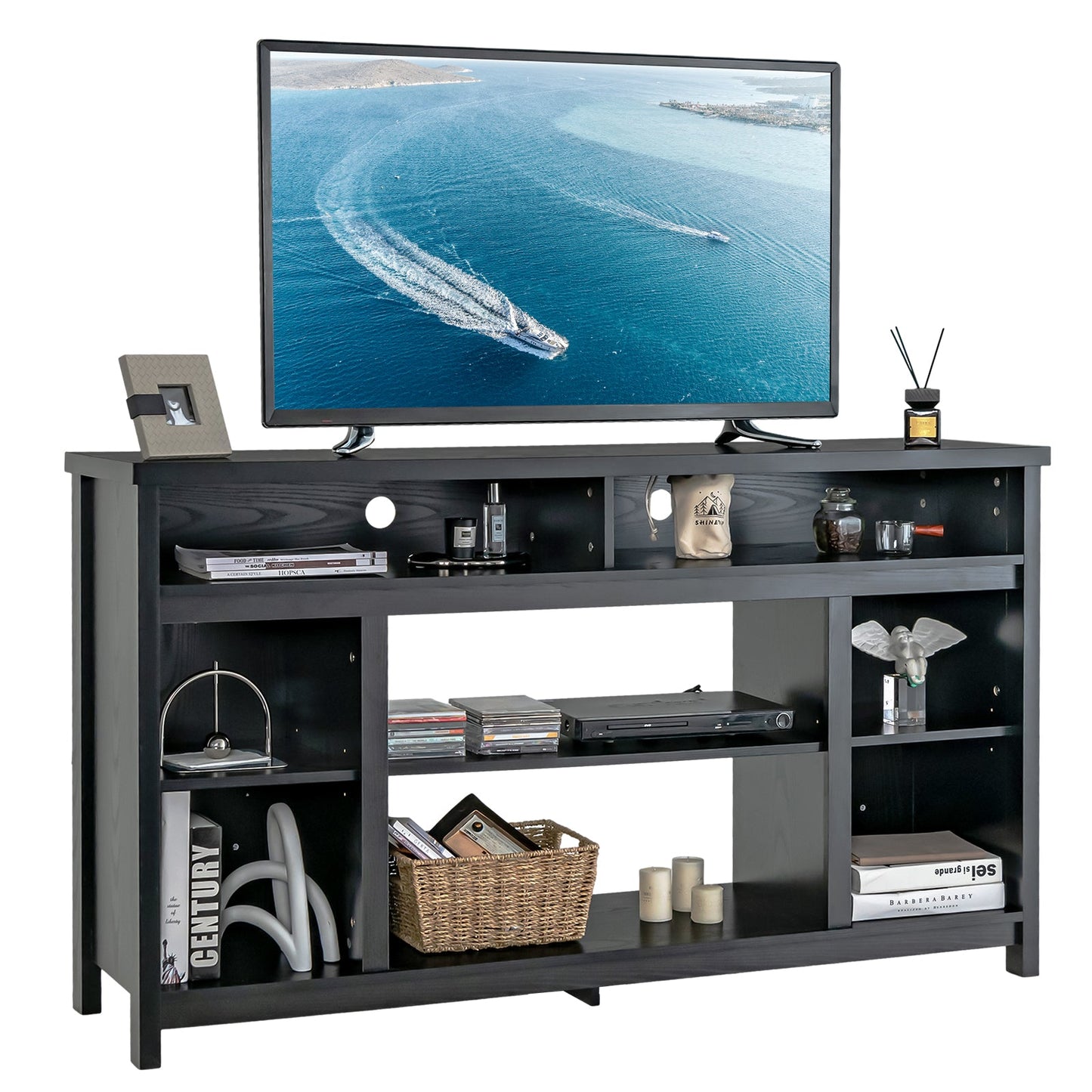 Mueble de TV de 58 pulgadas, centro de consola de entretenimiento con estantes abiertos ajustables - Negro