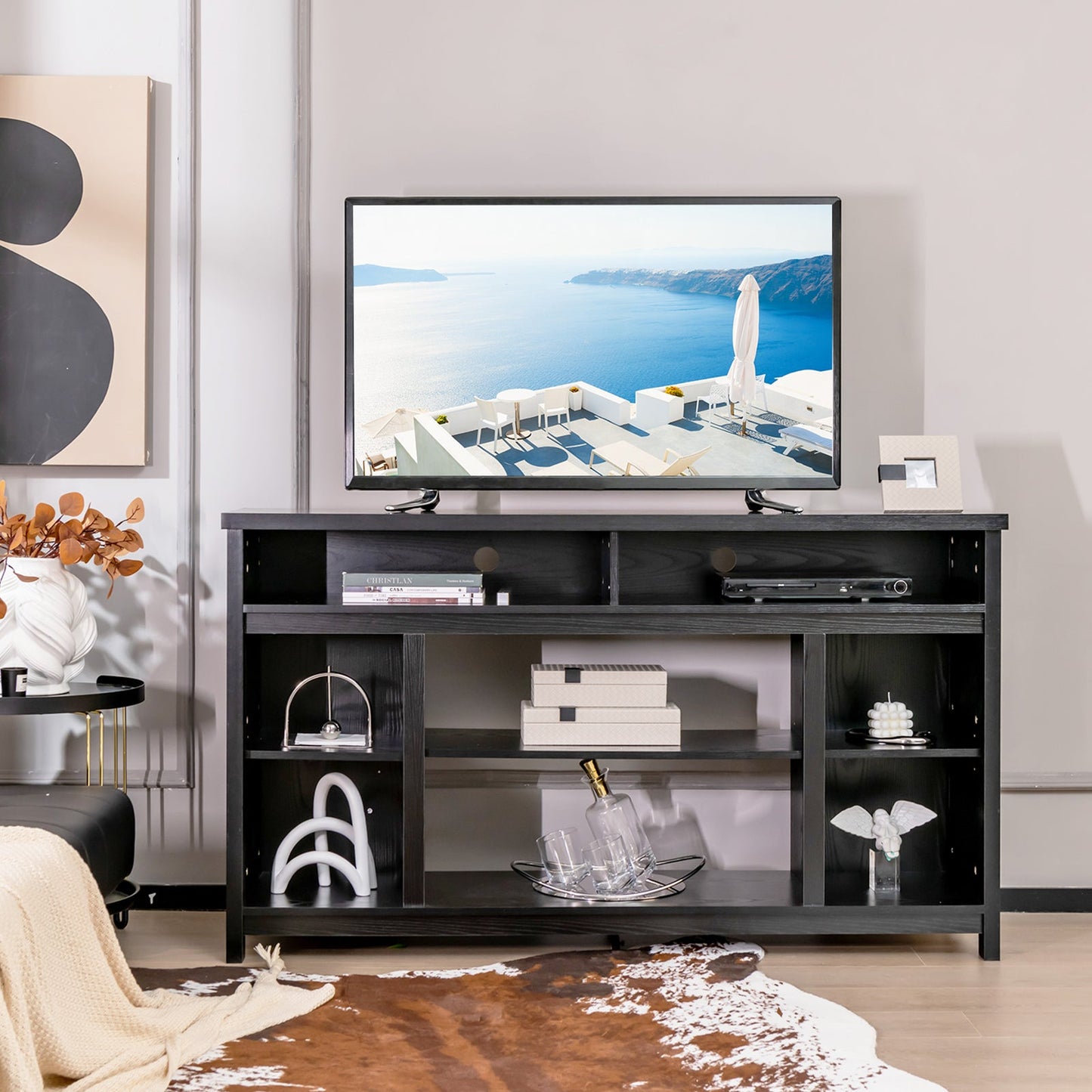 Mueble de TV de 58 pulgadas, centro de consola de entretenimiento con estantes abiertos ajustables - Negro