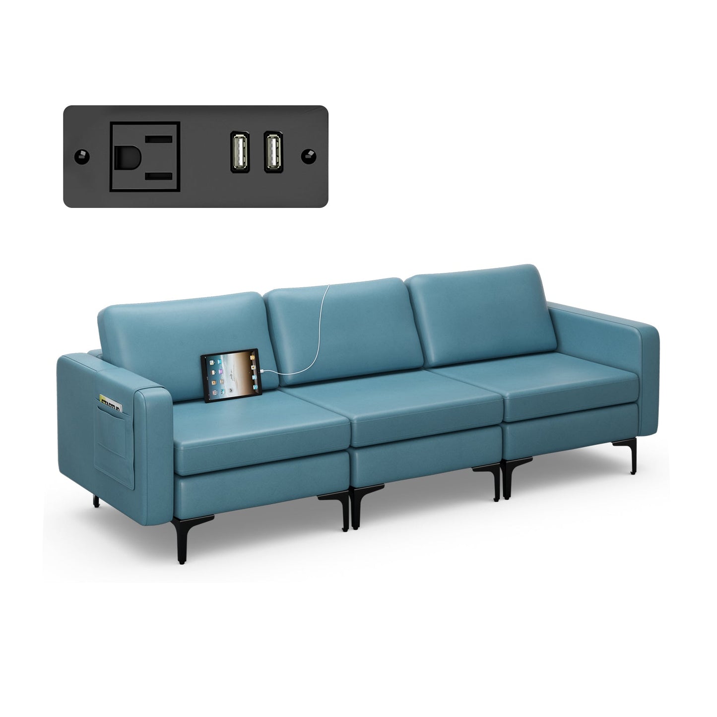 Sofá Cama de Cuero Convertible con Bolsillos para Revistas de 3 Plazas con 2 Puertos USB - Naranja